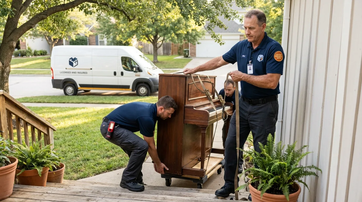 Licensed piano movers securing grand piano in Brewster, NE