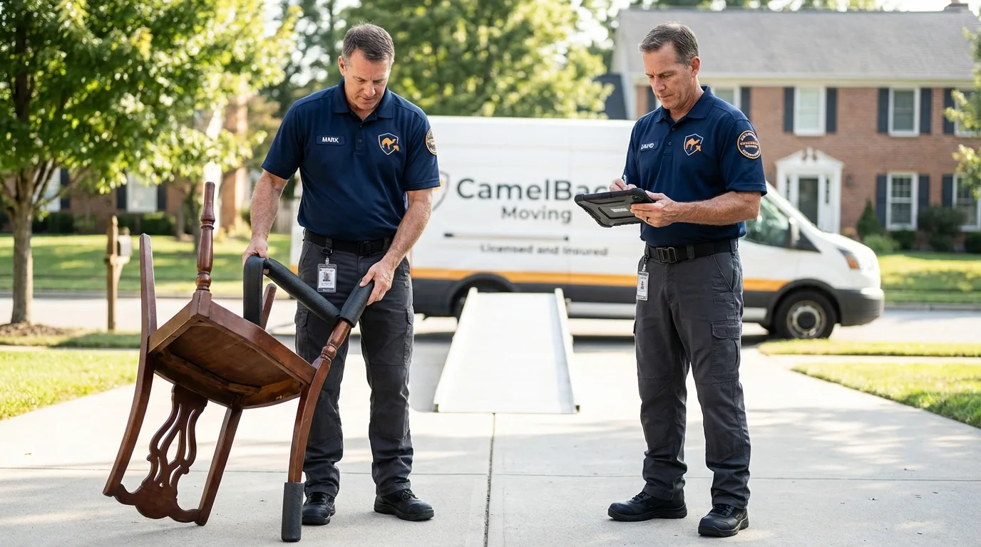 Movers inspecting furniture for damage prevention before loading in Brewster, NE