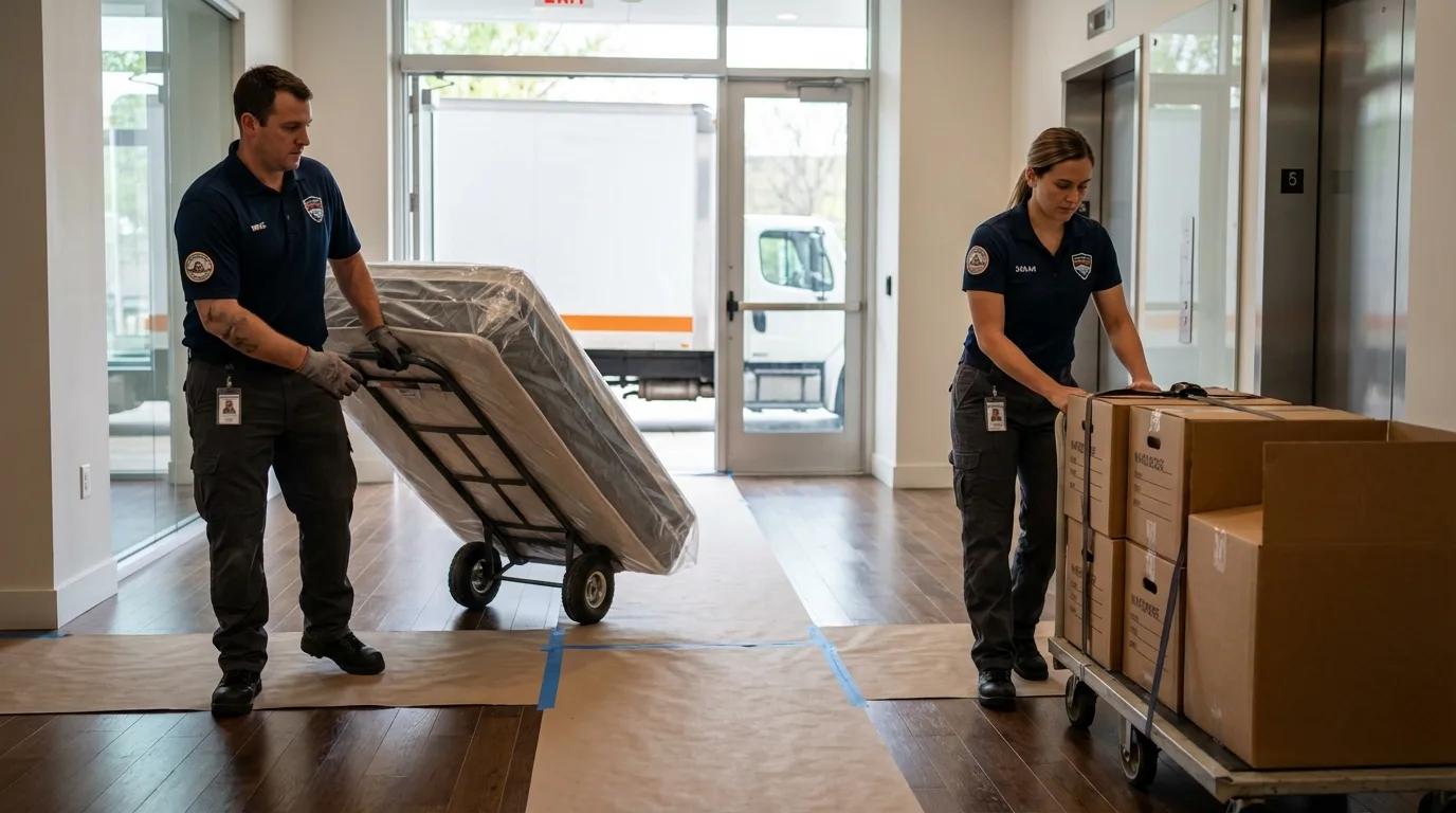 Professional apartment movers loading elevator in Brewster, NE
