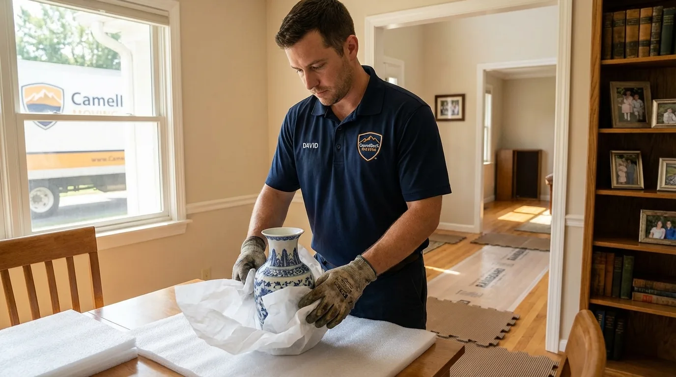 Professional crew carefully wrapping antique vase for senior downsizing move in Brewster, NE